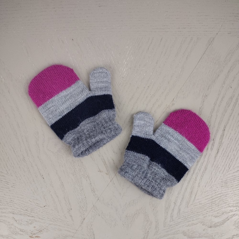Kids' Pink and Gray Striped Mittens